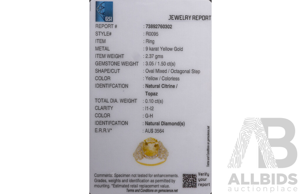 9ct Yellow Gold Natural Citrine, White Topaz & Diamond Ring with Valuation - Size L.5