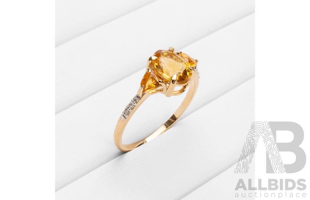 9ct Yellow Gold Natural Citrine & Diamond Ring with Valuation - Size N.5