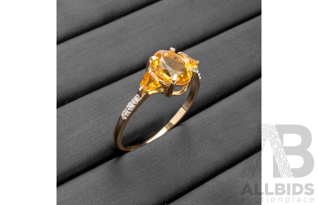 9ct Yellow Gold Natural Citrine & Diamond Ring with Valuation - Size N.5