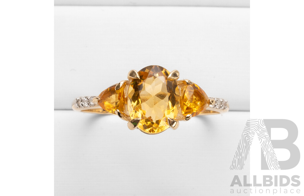 9ct Yellow Gold Natural Citrine & Diamond Ring with Valuation - Size N.5