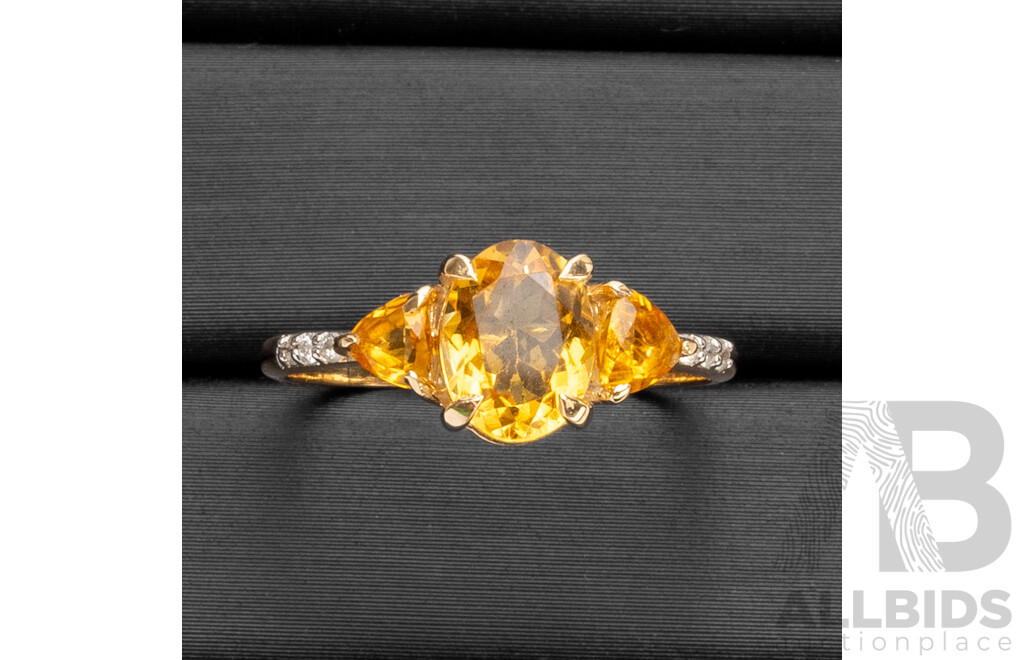 9ct Yellow Gold Natural Citrine & Diamond Ring with Valuation - Size N.5