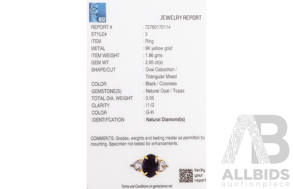 9ct Yellow Gold Natural Black Opal, Topaz & Diamond Ring with Gem Report - Size O