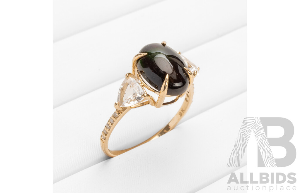 9ct Yellow Gold Natural Black Opal, Topaz & Diamond Ring with Gem Report - Size O
