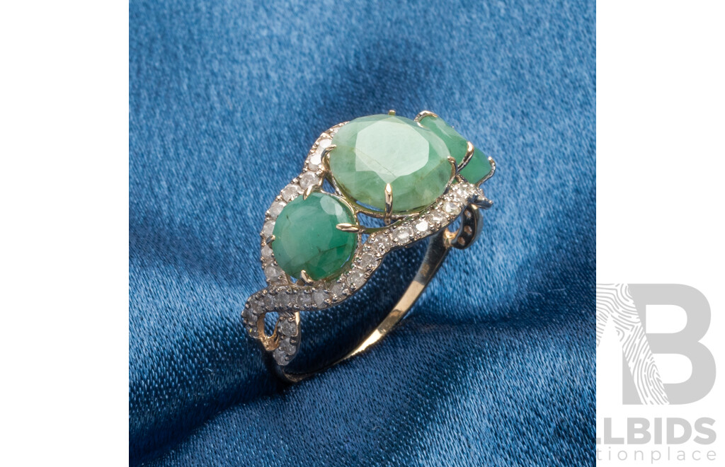 9ct Yellow Gold Natural Emerald & Diamond Ring with Valuation - Size L.5
