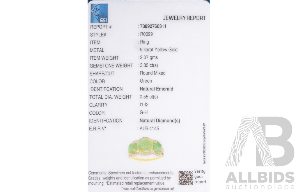 9ct Yellow Gold Natural Emerald & Diamond Ring with Valuation - Size L.5