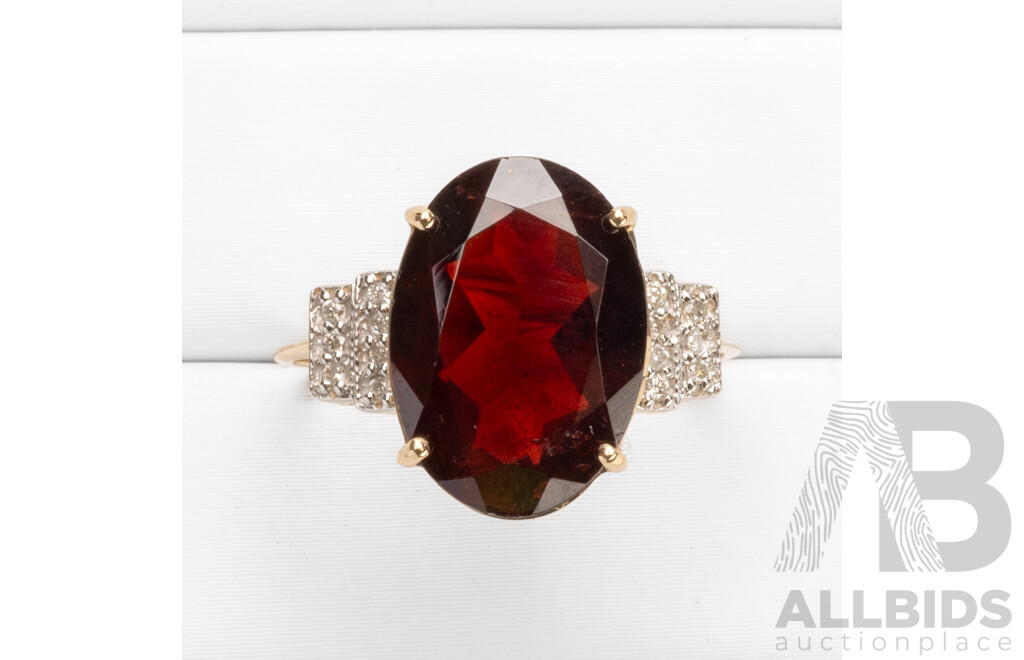 9ct Yellow Gold Natural Garnet & Diamond Ring with Valuation - Size O.5