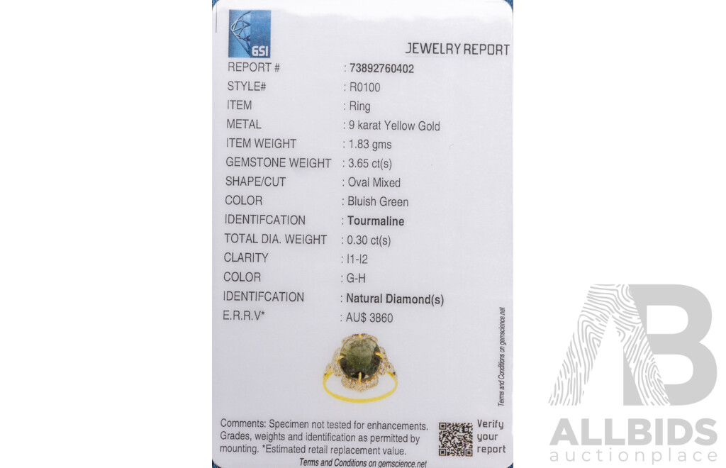 9ct Yellow Gold Natural Tourmaline & Diamond Ring with Valuation - Size L.5