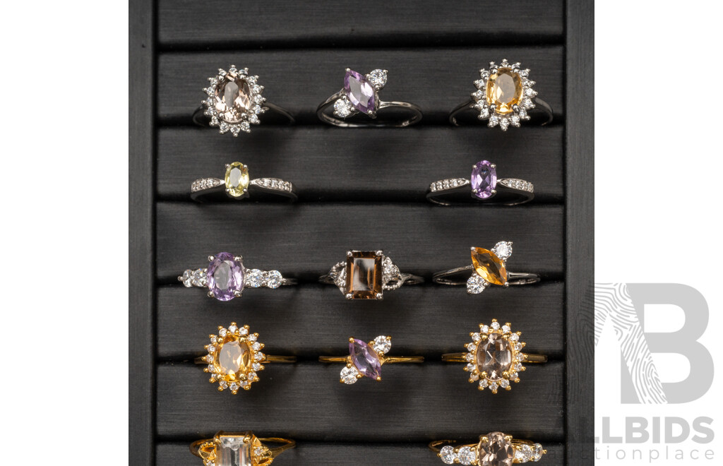 925 Sterling Silver Natural Gemstone Ring Parcel – 16 Rings (Mixed Gemstones & Designs)