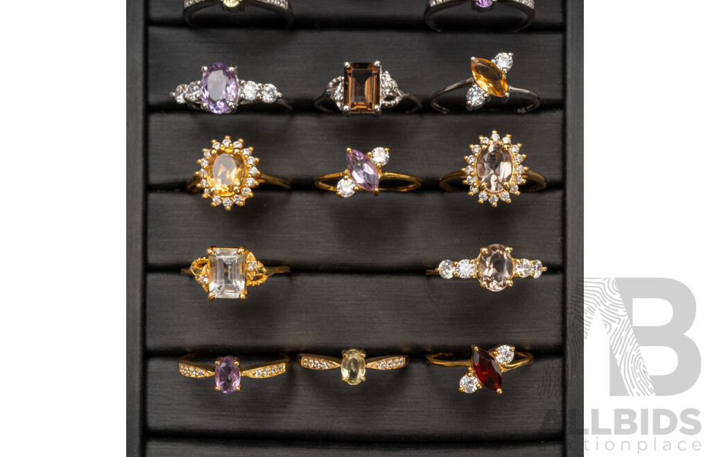 925 Sterling Silver Natural Gemstone Ring Parcel – 16 Rings (Mixed Gemstones & Designs)