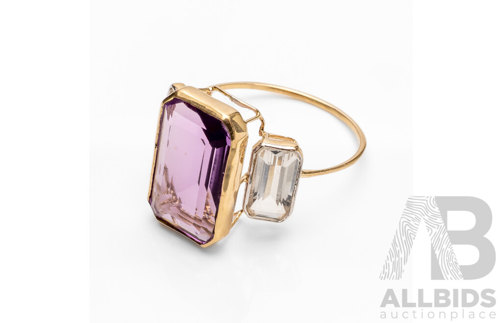 14ct Yellow Gold Natural Amethyst / Natural White Topaz Ring with Valuation - Size O