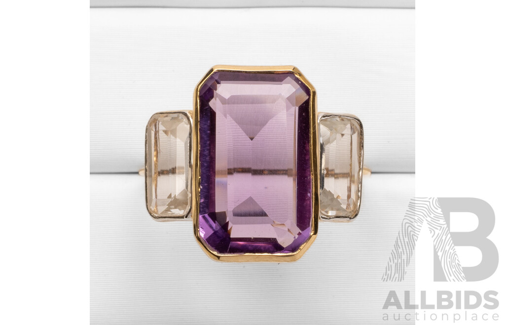 14ct Yellow Gold Natural Amethyst / Natural White Topaz Ring with Valuation - Size O