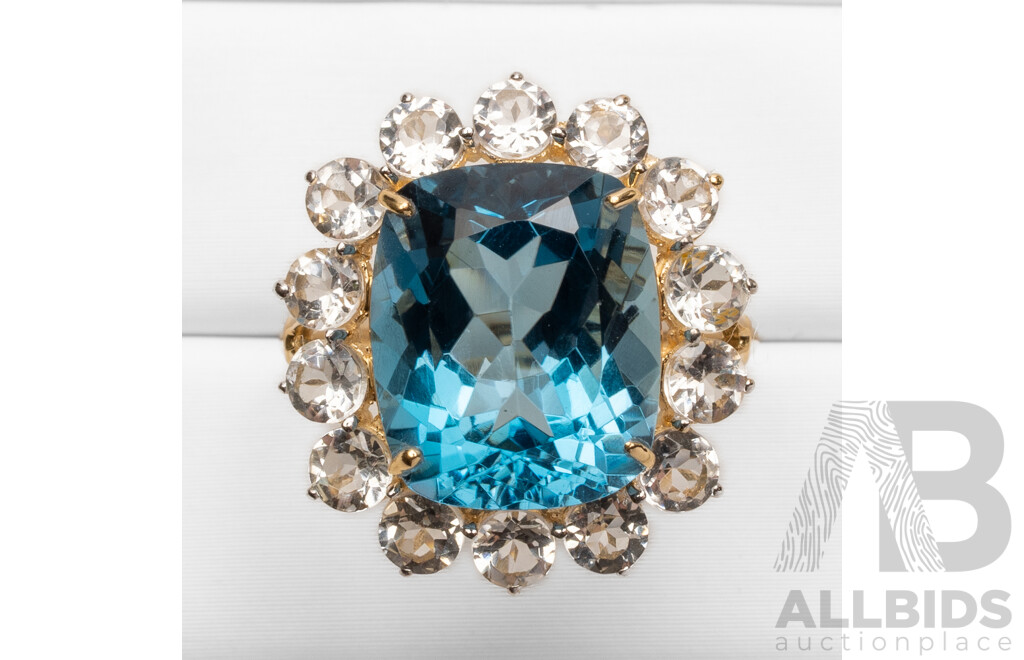 14ct Yellow Gold Natural London Blue Topaz / Natural White Topaz Ring with Valuation - Size N