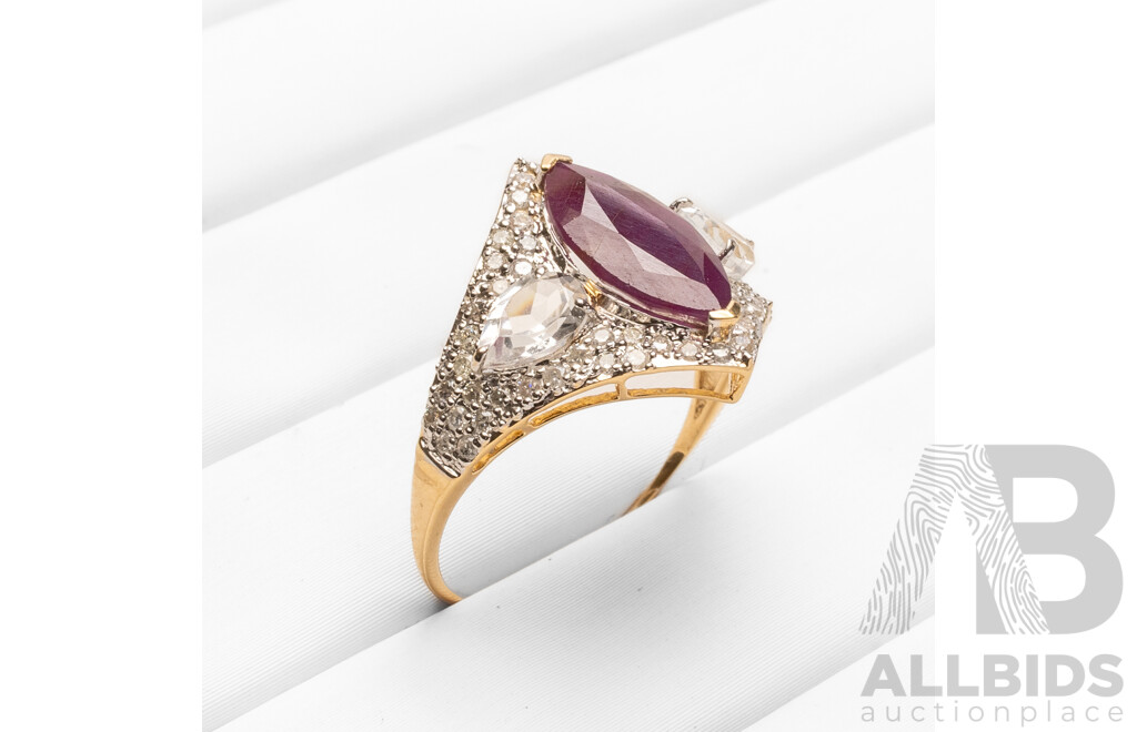 14ct Yellow Gold Natural Unheated Ruby / Natural White Topaz & Diamond Ring with Valuation - Size N.5