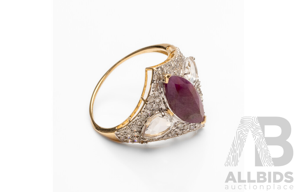 14ct Yellow Gold Natural Unheated Ruby / Natural White Topaz & Diamond Ring with Valuation - Size N.5