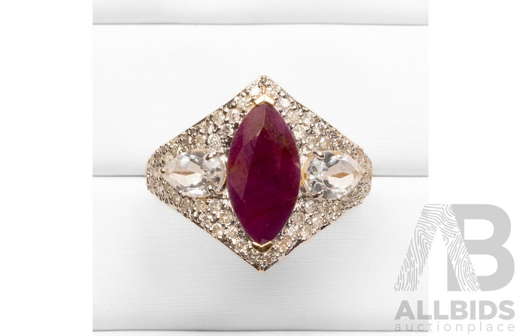 14ct Yellow Gold Natural Unheated Ruby / Natural White Topaz & Diamond Ring with Valuation - Size N.5