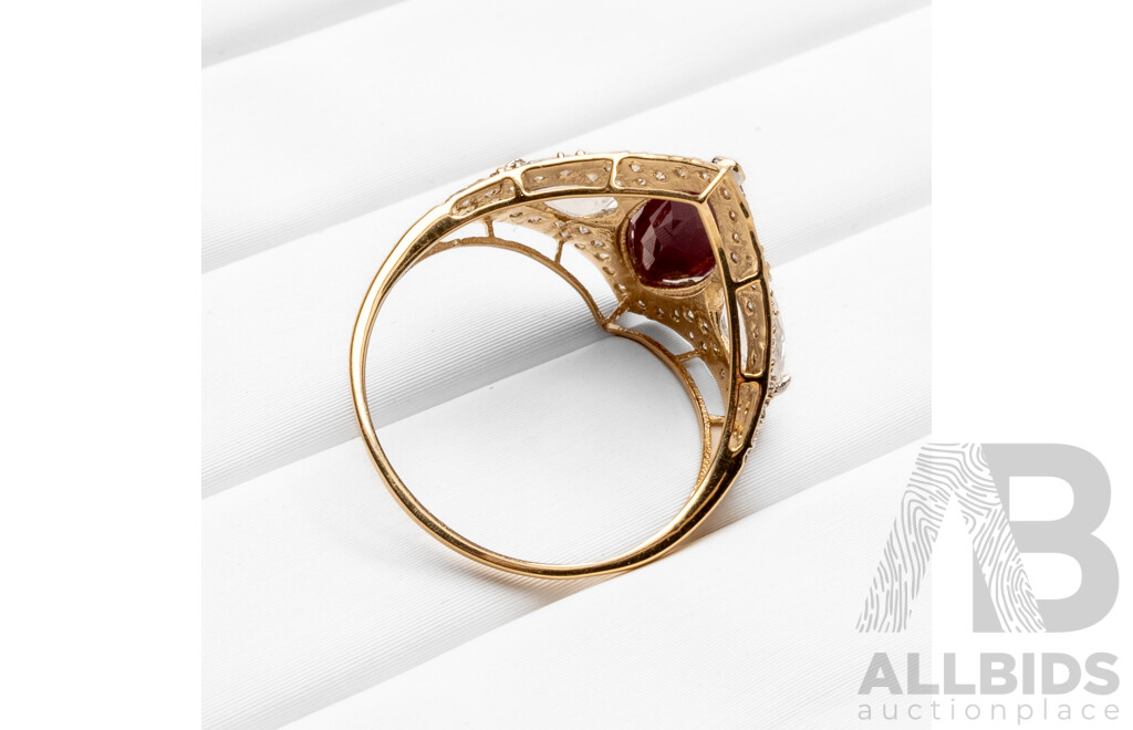 14ct Yellow Gold Natural Unheated Ruby / Natural White Topaz & Diamond Ring with Valuation - Size N.5