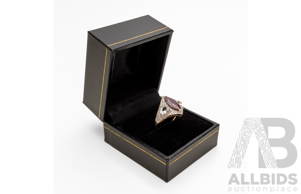 14ct Yellow Gold Natural Unheated Ruby / Natural White Topaz & Diamond Ring with Valuation - Size N.5