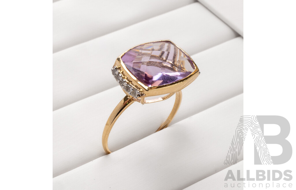 9ct Yellow Gold Natural Amethyst & Diamond Ring with Valuation - Size L