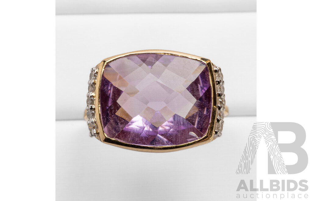 9ct Yellow Gold Natural Amethyst & Diamond Ring with Valuation - Size L