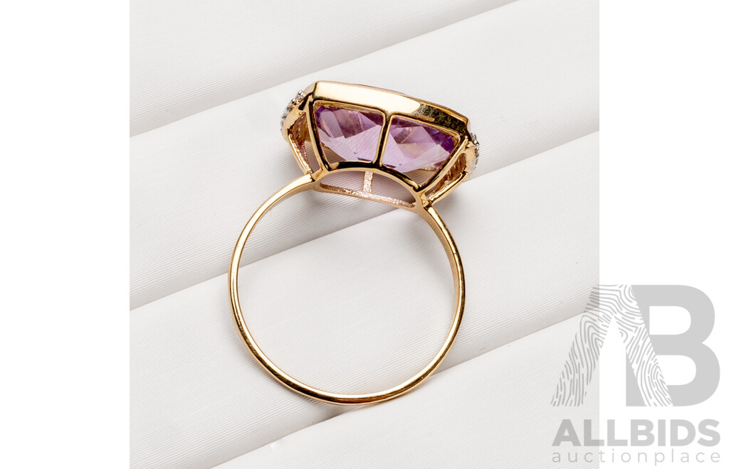 9ct Yellow Gold Natural Amethyst & Diamond Ring with Valuation - Size L