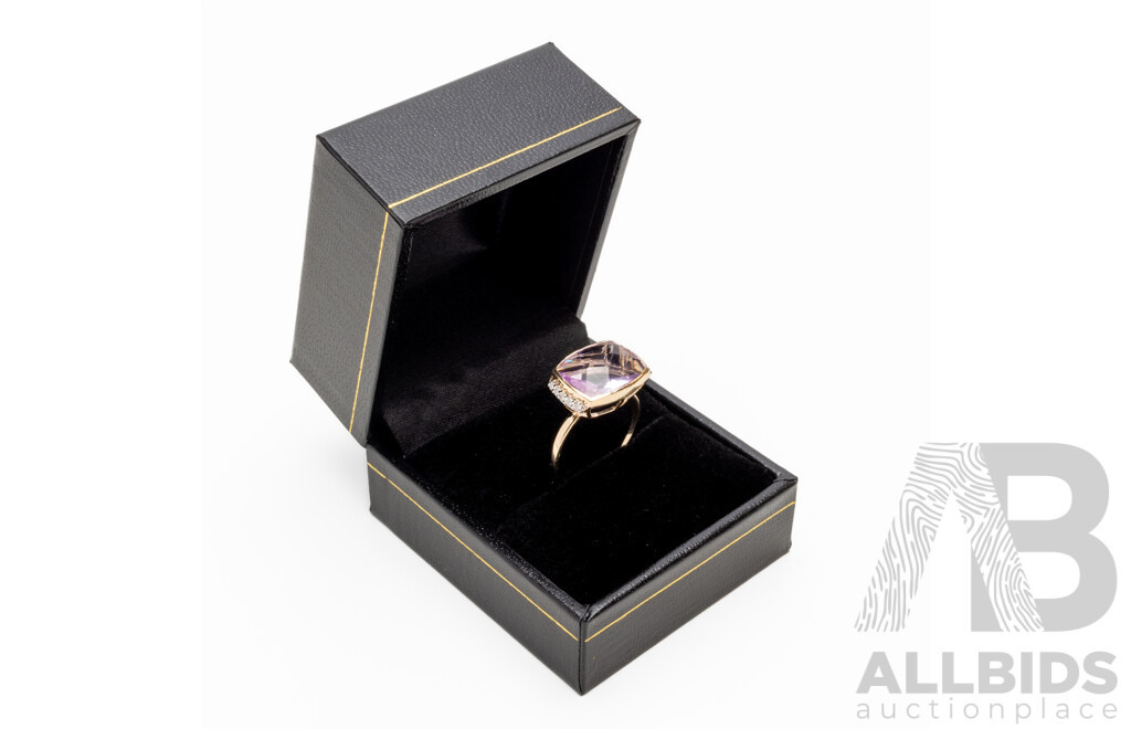 9ct Yellow Gold Natural Amethyst & Diamond Ring with Valuation - Size L