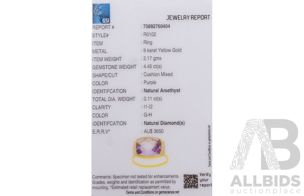 9ct Yellow Gold Natural Amethyst & Diamond Ring with Valuation - Size L