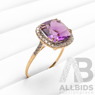 14ct Yellow Gold Natural Amethyst & Diamond Ring with Valuation - Size N