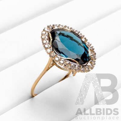14ct Yellow Gold Natural London Blue Topaz & Diamond Ring with Valuation - Size O