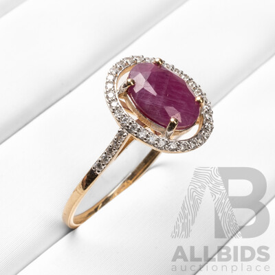 9ct Yellow Gold Natural Ruby & Diamond Ring with IGI Valuation - Size N