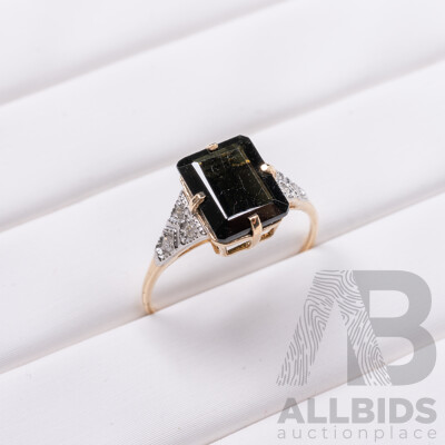 9ct Yellow Gold Natural Tourmaline & Diamond Ring with Valuation - Size L.5
