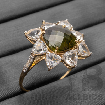 9ct Yellow Gold Natural Tourmaline / Natural White Topaz & Diamond Ring with Valuation - Size L.5
