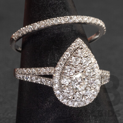 18K White Gold Natural Diamond Pear Ring and Diamond Wedder Bridal Set - Size R