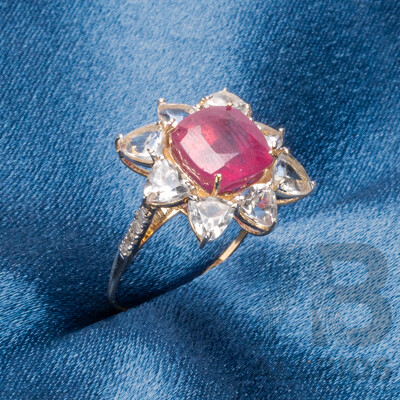 9ct Yellow Gold Natural Ruby / Natural White Topaz & Diamond Ring with Valuation - Size L.5