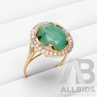 9ct Yellow Gold Natural Emerald & Diamond Ring with Valuation - Size O