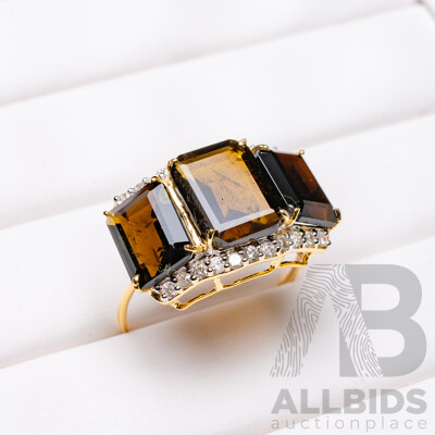 9ct Yellow Gold Natural Tourmaline / Natural  & Diamond Ring with Valuation - Size L.5