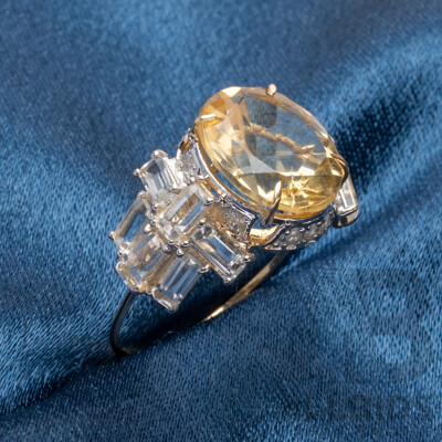 9ct Yellow Gold Natural Citrine, White Topaz & Diamond Ring with Valuation - Size L.5