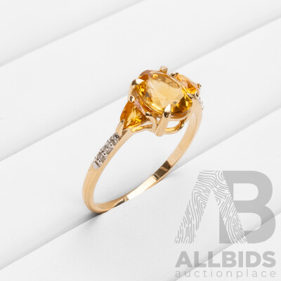9ct Yellow Gold Natural Citrine & Diamond Ring with Valuation - Size N.5