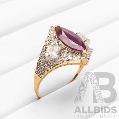 14ct Yellow Gold Natural Unheated Ruby / Natural White Topaz & Diamond Ring with Valuation - Size N.5