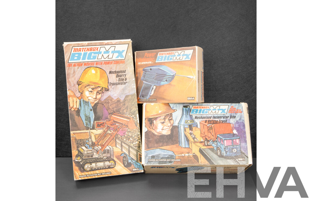 Vintage Matchbox Big Mx Quarry Site and Traxcavator, Incinerator Site and Refuse Truck, Power Activator - All with Original Boxes