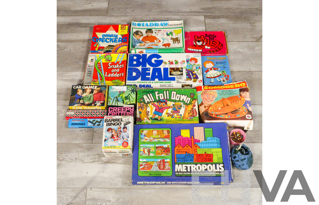Collection of Vintage Children's Board Games and Puzzles Including John Sands Snakes and Ladders, Chinese Checkers, Sewing Cards, Toltoys Creepy Critters, Big Deal, Schaper Sombrero...........