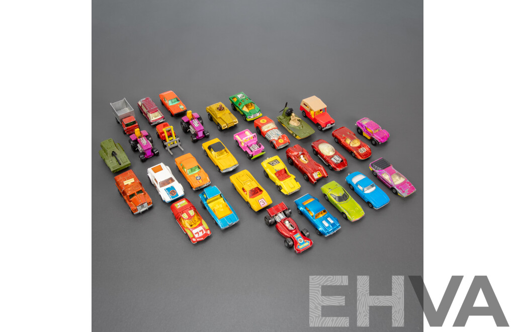 Thirty Vintage Matchbox Vehicles Including Mazda RX 500, Freeman Inter City Commuter, Rod Tractor, Pontiac Firebird, Team Matchbox F1, Peanut Scout Road Dragster and More