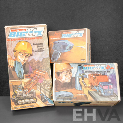 Vintage Matchbox Big Mx Quarry Site and Traxcavator, Incinerator Site and Refuse Truck, Power Activator - All with Original Boxes