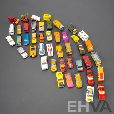 Collection of Vintage Matchbox Vehicles Including Silva Spyder, Mercury Cougar, Mazda RX 500, Wild Life Truck, Fandango, Ford Zodiac, Car Transporter and More