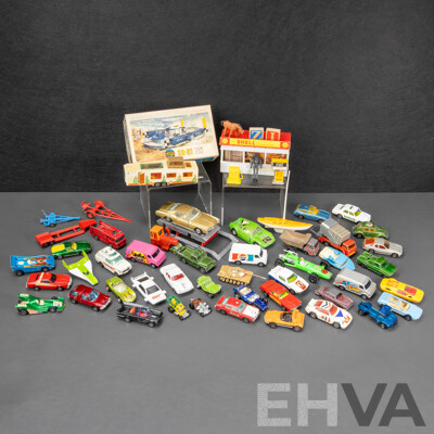 Vintage Diecast Fun Ho Jaguar and Ford Tipper Truck, Dyna Wheels D10 Fortuna, Shell Shop and Bowser, Gamda Koor Sabra Buick Riviera, Airfix Hovercraft SR-N1, and Collection of Corgi Junior Vehicles Including Charlie's Angels Van, Volkswagen and More