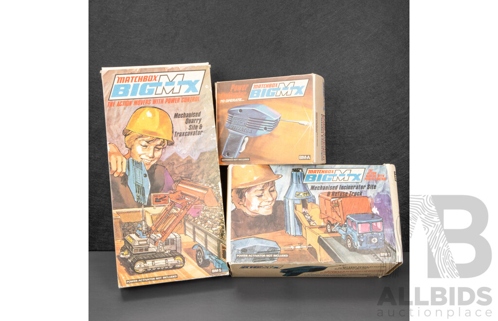 Vintage Matchbox Big Mx Quarry Site and Traxcavator, Incinerator Site and Refuse Truck, Power Activator - All with Original Boxes