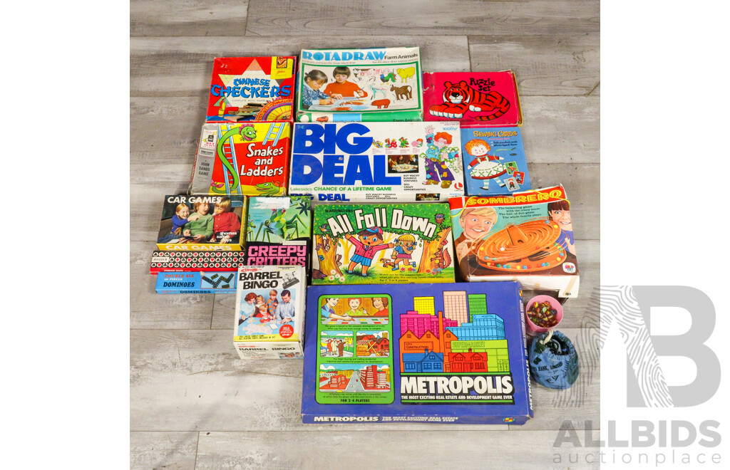 Collection of Vintage Children's Board Games and Puzzles Including John Sands Snakes and Ladders, Chinese Checkers, Sewing Cards, Toltoys Creepy Critters, Big Deal, Schaper Sombrero...........