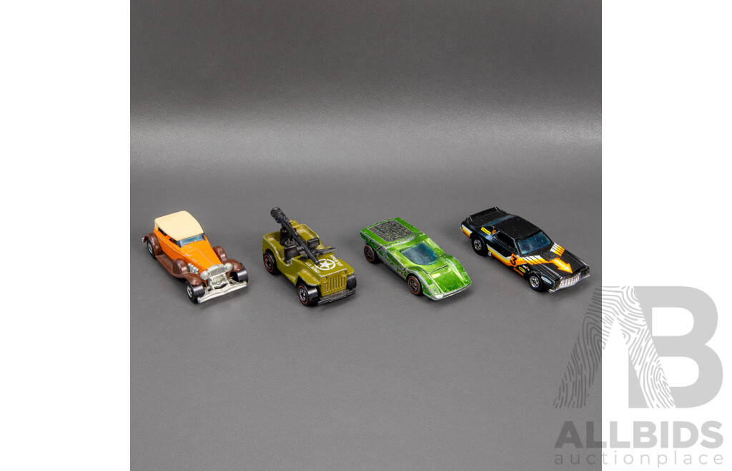 Vintage Hot Wheels Redline US Army Jeep, Redline Ferrari 512S, 1931 Duesenberg, Ford Gran Torino Stock Car