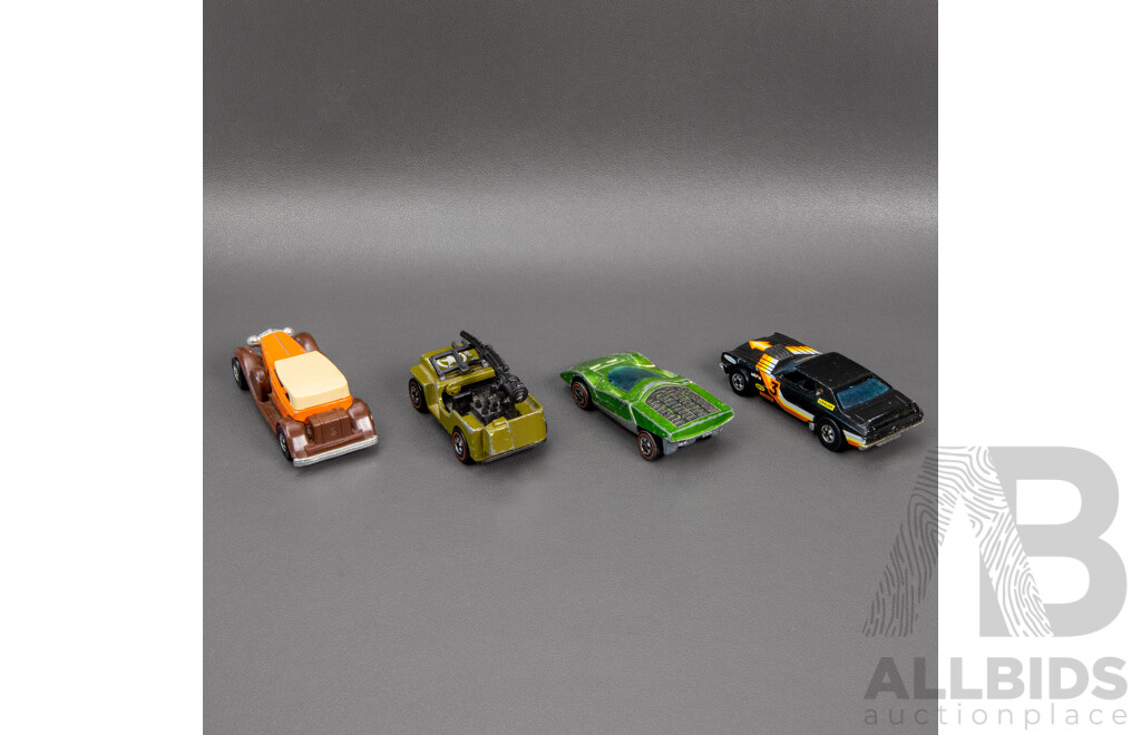 Vintage Hot Wheels Redline US Army Jeep, Redline Ferrari 512S, 1931 Duesenberg, Ford Gran Torino Stock Car