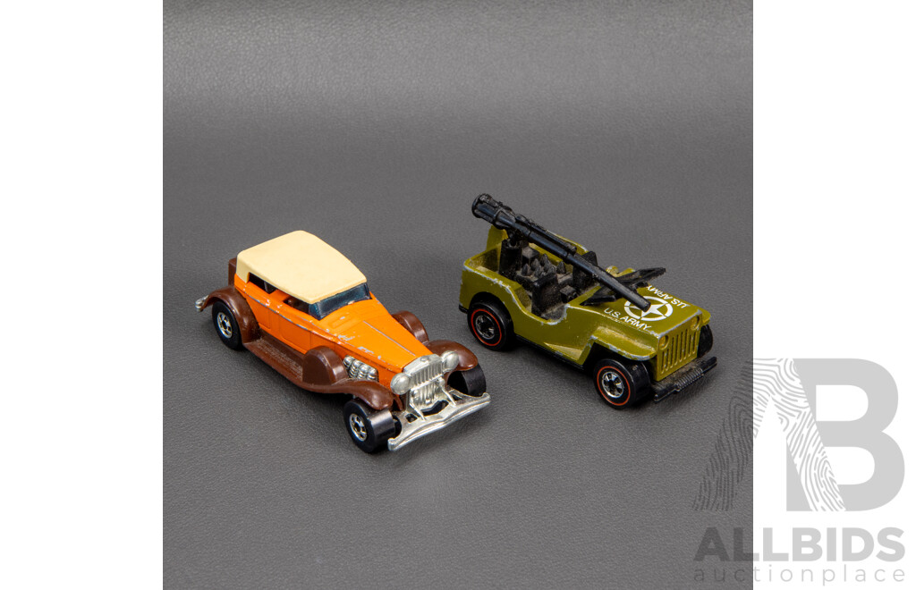 Vintage Hot Wheels Redline US Army Jeep, Redline Ferrari 512S, 1931 Duesenberg, Ford Gran Torino Stock Car