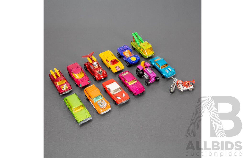 Thirteen Vintage Matchbox Vehicles Including Holden HJ Utillity, Flying Bug, Beach Hopper, Toe Joe, Rod Tractor, Vantastic, Clipper, Dodge Challenger, Pontiac Firebird, Cougar Villager, Lamborghini Countach, Datsun 260Z, Honda CB Four